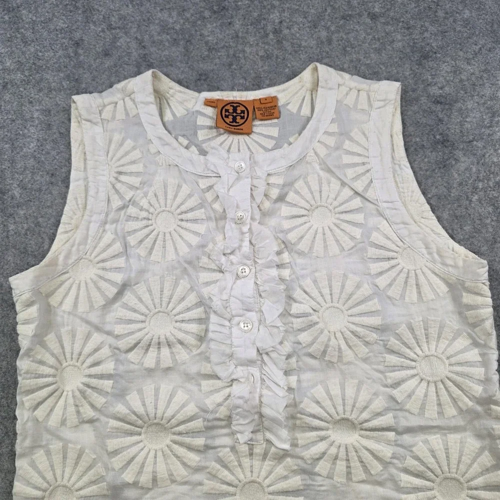 Tory Burch Blouse Womens 6 White Floral Embroidered Ruffle Sleeveless Top